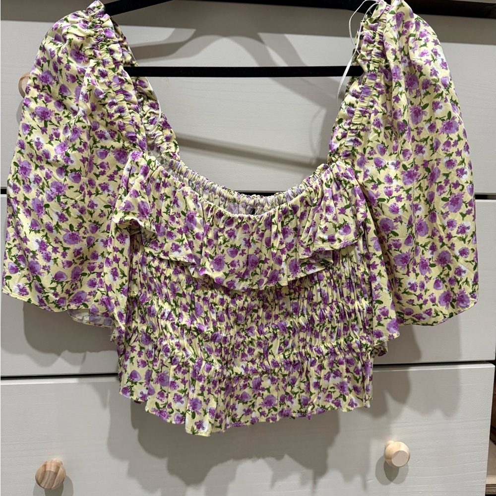 Zara Lavender Floral Smocked Crop Top with Puff Sleeves